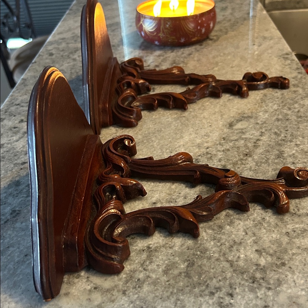 Pair of Vintage MCM Syroco wall shelves with plate slot on top